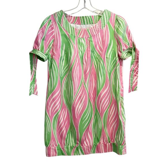 Lilly Pulitzer Silk Mini Dress Size 4 Pink Green Leaf Print Tie Short Sleeve - Picture 2 of 14